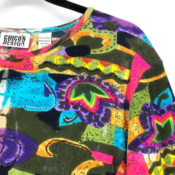 Chicos Design 3/4 Sleeve T-Shirt Womens Size 1 US M Multicolor Beaded - Picture 3 of 5